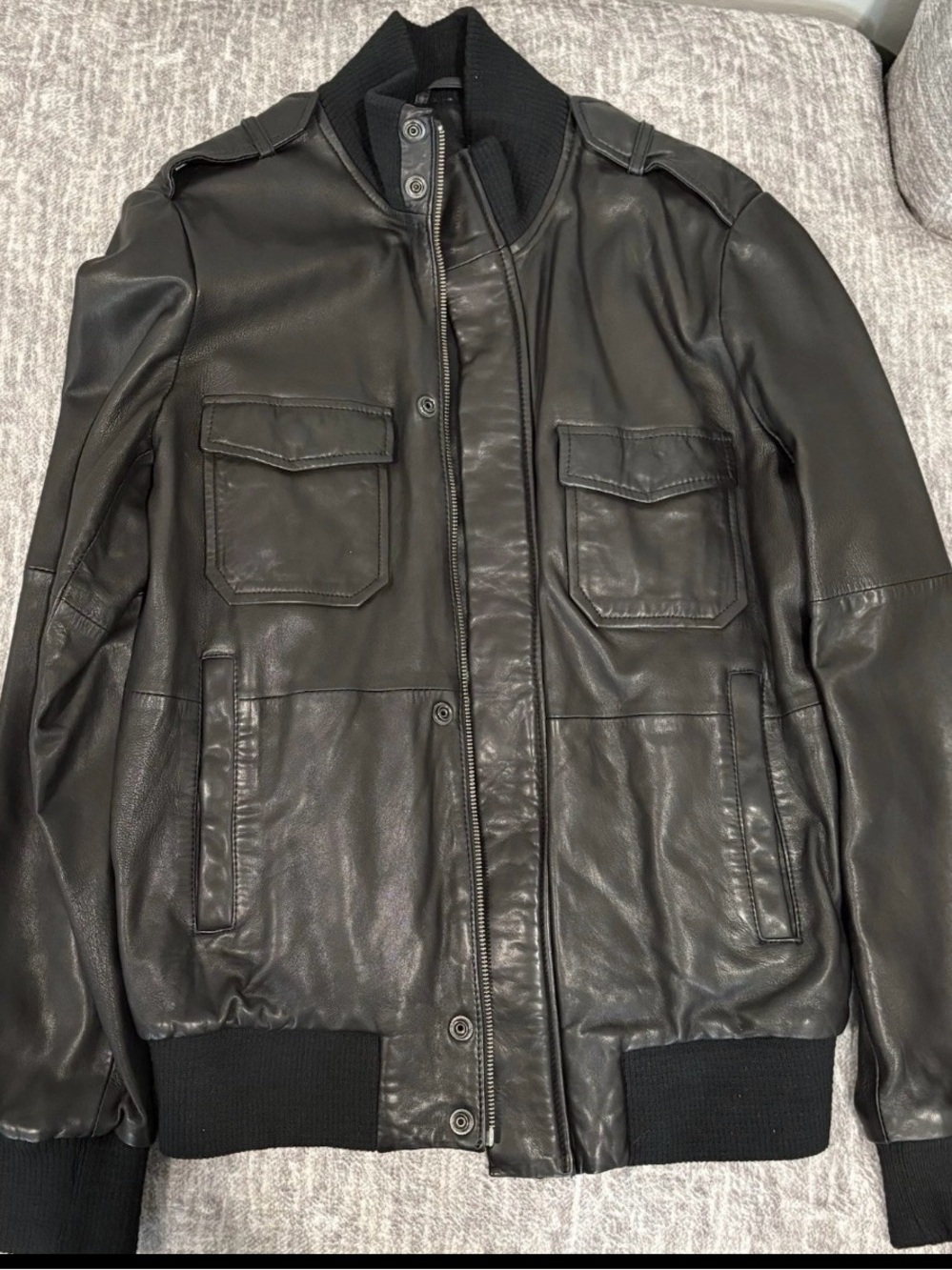 French Connection Black Leather Bomber Jacket